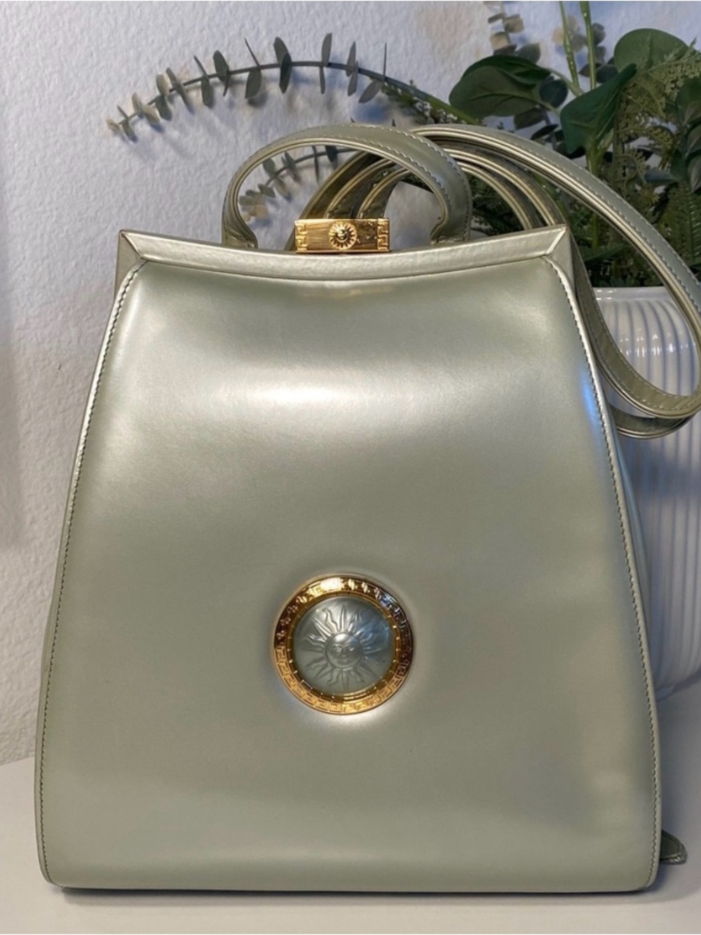 GIANNI VERSACE Rare
Vintage Pastel Green Sunburst
Patent Leather Backpack